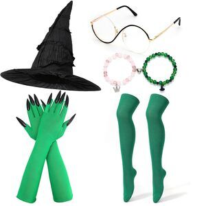4443 Witch Costume Set Witch Wizard Hat Green Claw Glovess